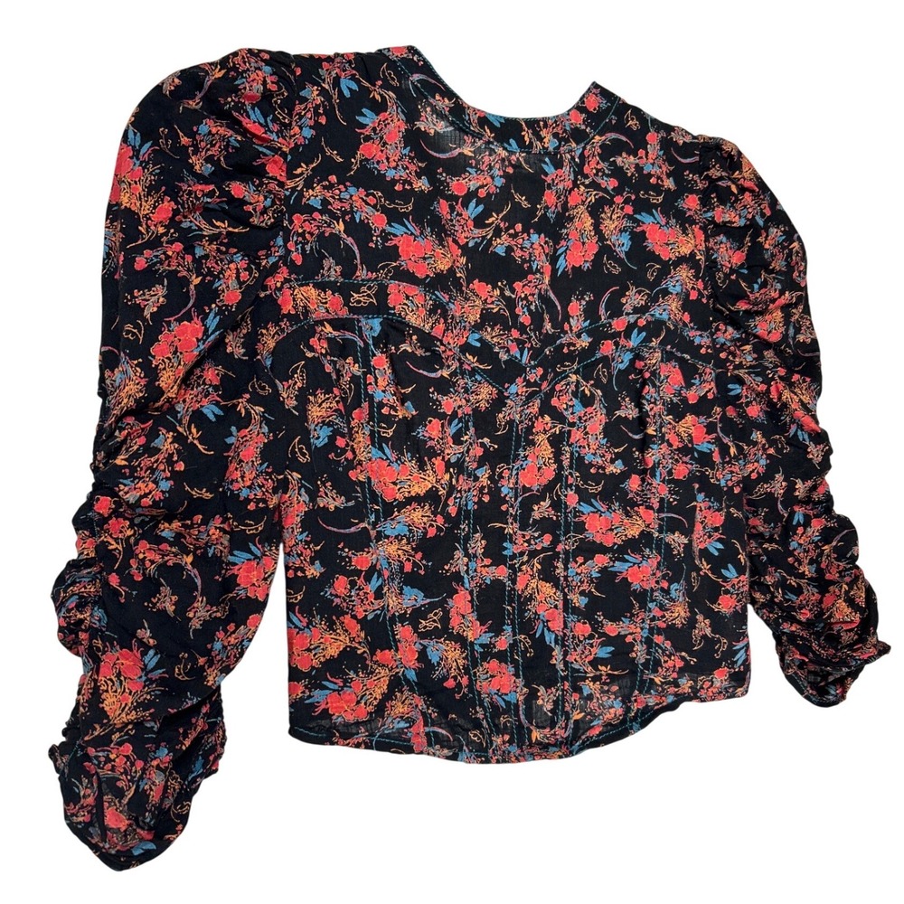 Free People Open Back Puff Sleeve Ruched Crop Top Black Red Blue Floral‎ Size XS